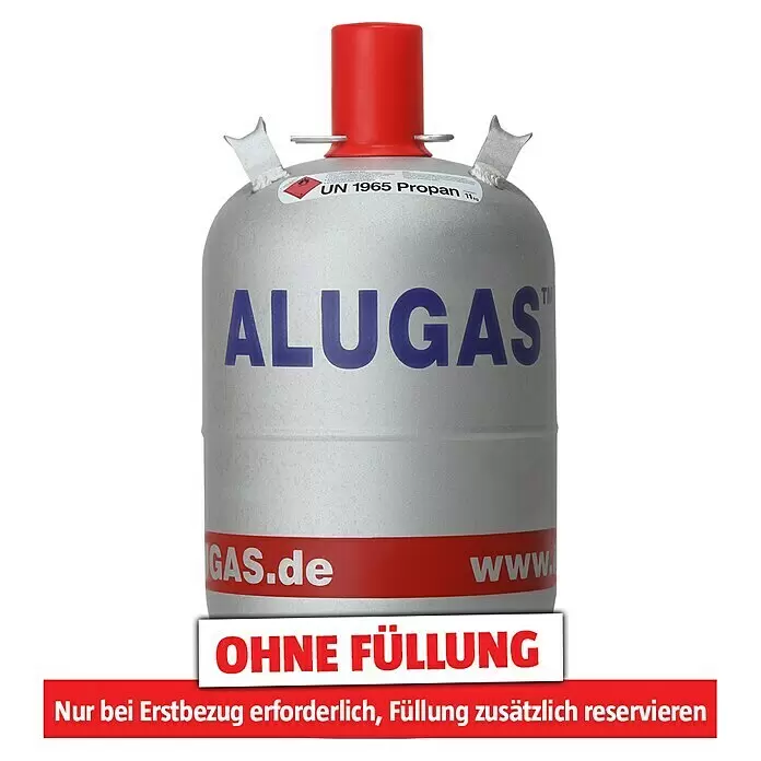 Westfalen Propangas-Flasche Alugas ohne Füllung* - Fassungsvermögen: 11 kg - Leere, silberne ALUGAS Propangasflasche mit rotem Deckel und Hinweisen 'OHNE FÜLLUNG'.