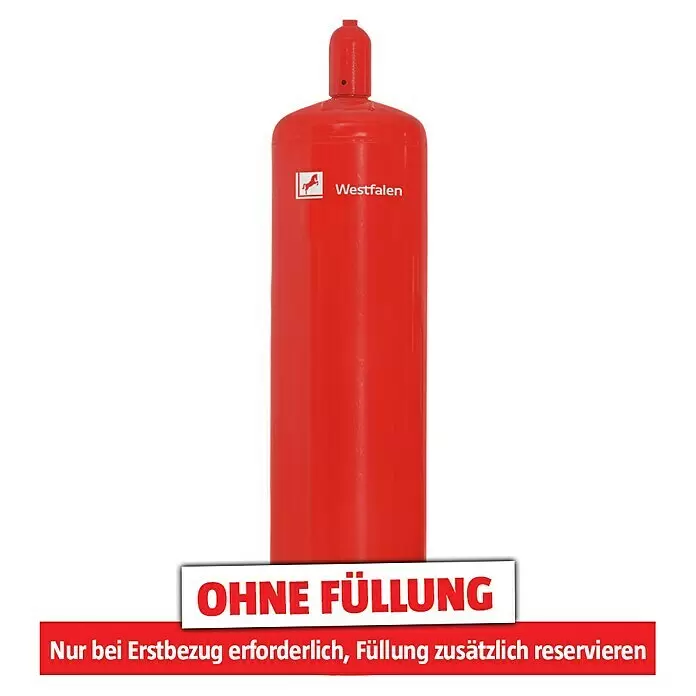 Westfalen Propangas-Flasche Pfandflasche ohne Füllung* - Fassungsvermögen: 33 kg - Rote Westfalen Druckgasflasche, leer, mit Aufschrift 'OHNE FÜLLUNG'.