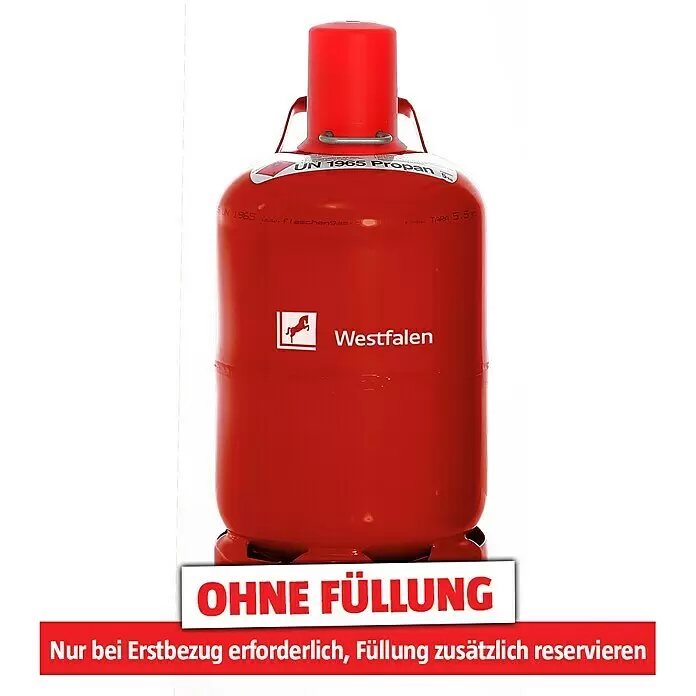 Westfalen Propangas-Flasche Pfandflasche ohne Füllung* - Fassungsvermögen: 5 kg - Rote Westfalen Propangasflasche, deutlich gekennzeichnet mit "OHNE FÜLLUNG" (ohne Füllung).
