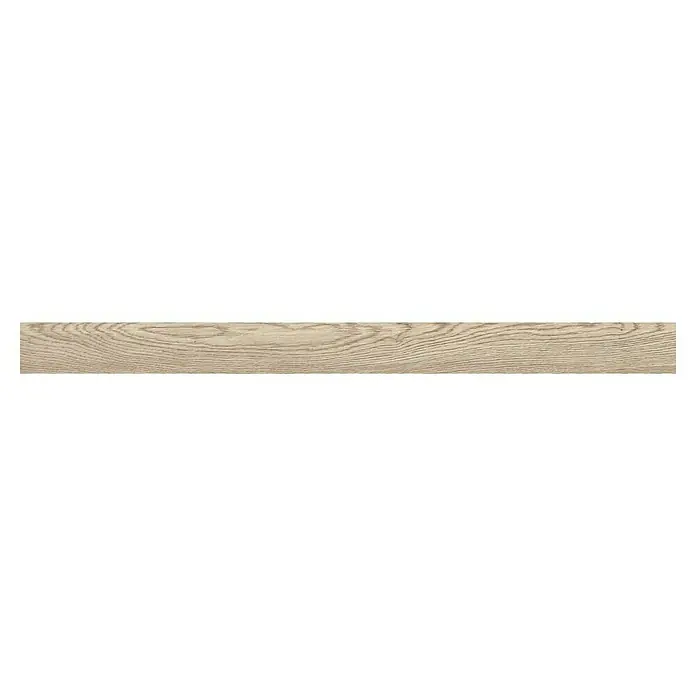 Zócalo cerámico Nordby Nanotech - 7 x 90 cm, Natural, Mate - Primer plano de una baldosa beige con aspecto de madera y un patrón de grano distintivo, ideal para interiores rústicos o naturales.