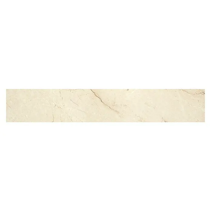 Zócalo cerámico Volga - 7,5 x 45 cm, Crema, Brillante - Baldosa de mármol beige pulido con sutiles vetas, ideal para una estética elegante y atemporal.