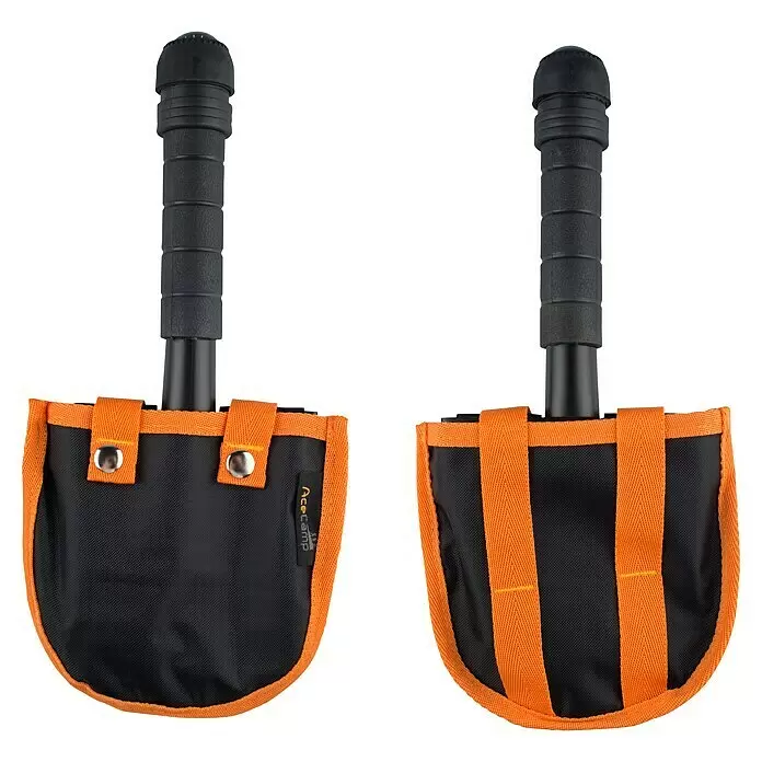 AceCamp Multifunktionsspaten Schaufel, Beil, Säge, Hammer, Zange, Schraubenzieher, Kompass, Messer - 30 cm, Edelstahl - Zwei klappbare Spaten, jeweils in einer schwarz-orangen Stofftasche.