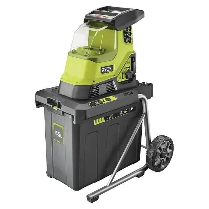 Ryobi Max Power Akku-Häcksler RY36SHX40-0 - Max. Aststärke: 4 cm - Das Bild zeigt einen Ryobi Häcksler mit einem 55L Auffangbehälter und Rädern für den einfachen Transport. Ein robustes und praktisches Gartengerät.