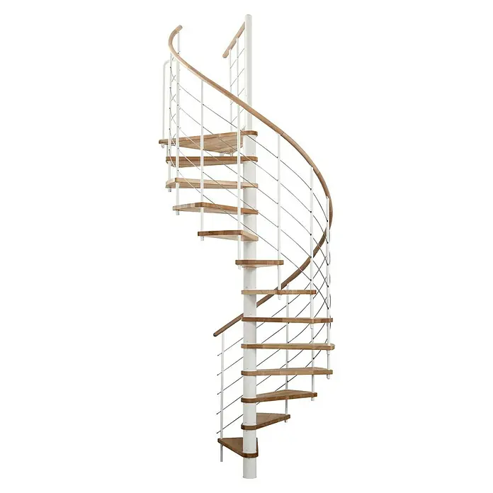 Minka Spindeltreppe Venezia - Durchmesser: 140 cm, Weiß, Farbe Stufen: Buche Natur, Geschosshöhe: 305,5 cm - Eine elegante Wendeltreppe mit Holzstufen und weißem Geländer, die sich spiralförmig nach oben windet. Perfekt für moderne Innenräume.