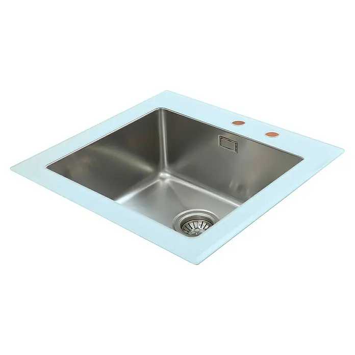 Respekta Einbauspüle New York - 55 x 53 cm, Edelstahl, Weiß - Hochwertige Küchenspüle aus Edelstahl mit hellblauem Rand und zwei runden Aussparungen für Armaturen. Perfekt für moderne Küchen.