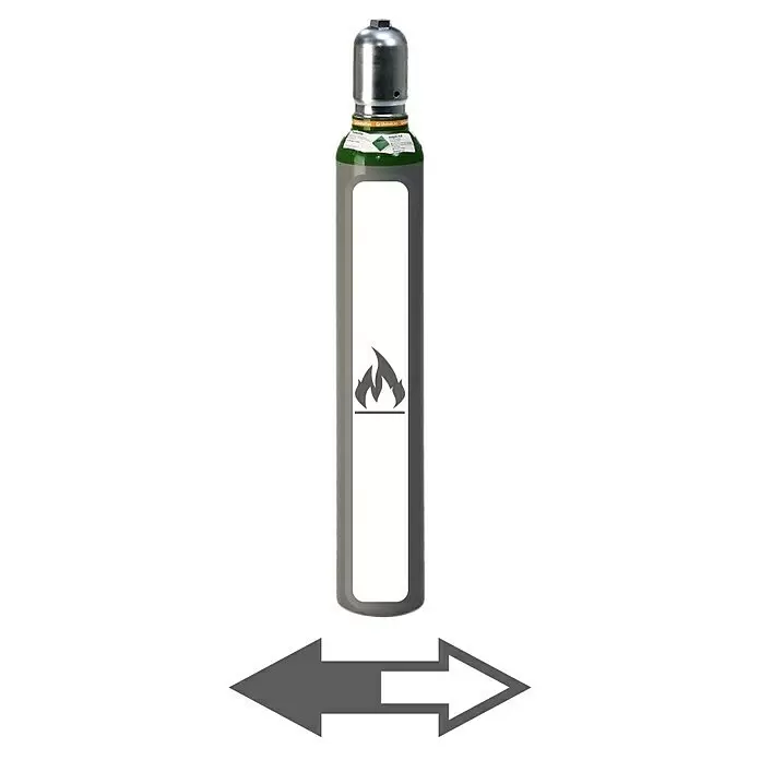 Westfalen Argon-Füllung * - Passend für: Westfalen Argon-Flaschen, 10 l - Graue Gasflasche mit grünem Oberteil und Metallkappe, versehen mit Flammensymbol und horizontalen Pfeilen.