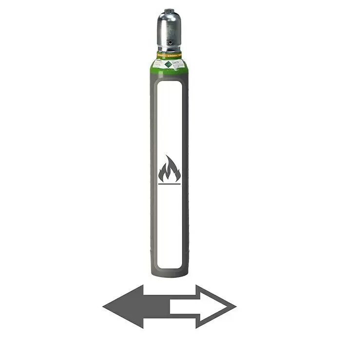 Westfalen Tycon-Füllung * - Passend für: Westfalen Tycon-Flaschen, 10 l - Graue Gasflasche mit Metallkappe, grünem Band, weißem Etikettenbereich mit Flammensymbol und einem grauen Doppelpfeilsymbol unten.