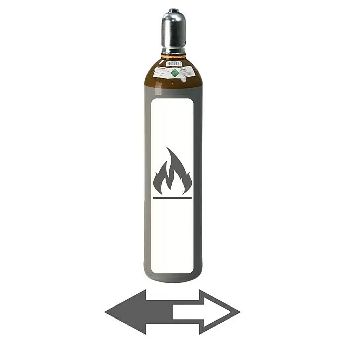 Westfalen Ballongas-Füllung * - Passend für: Westfalen Ballongas-Flaschen, 20 l - Graue Gasflasche mit silberner Kappe und Etikett mit Flammensymbol, das brennbaren Inhalt anzeigt, darunter ein grauer Doppelpfeil.