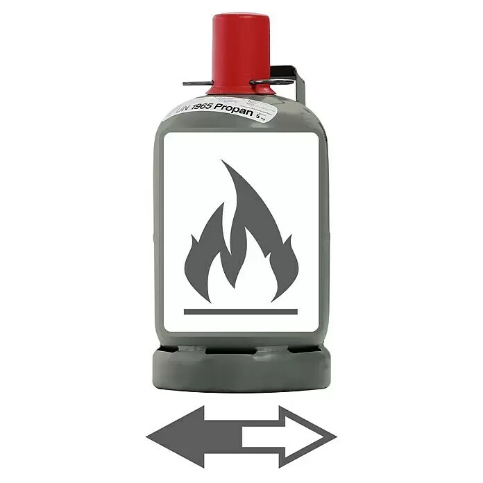 Westfalen Propangas-Füllung * - Passend für: Westfalen Propangas-Eigentumsflasche, 5 kg - Graue Propangasflasche mit roter Kappe, beschriftet mit "UN 1965 Propan 5 kg", Flammensymbol und darunter links- und rechtspfeilen.