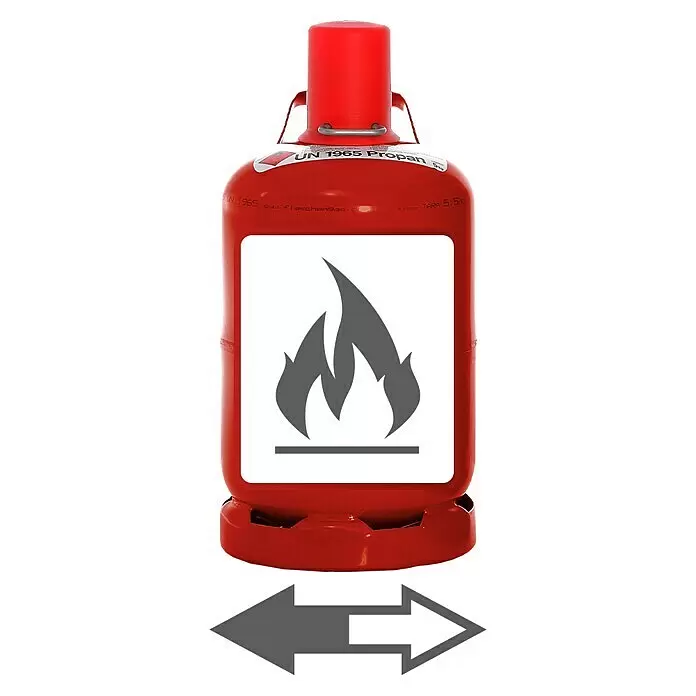 Westfalen Propangas-Füllung * - Passend für: Westfalen Propangas-Pfandflasche, 5 kg - Rote Propangasflasche mit Flammensymbol und Richtungspfeilen.