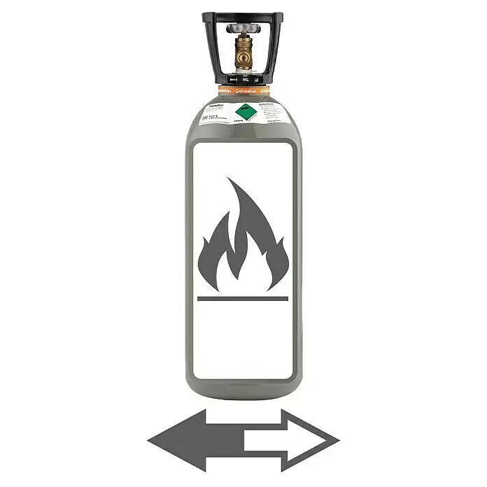 Westfalen CO2-Füllung * - Passend für: Westfalen CO2-Flaschen - Graue Gasflasche mit schwarzem Griff, Messingventil und Flammen-Gefahrensymbol. Horizontale Pfeile deuten auf Handhabung hin.