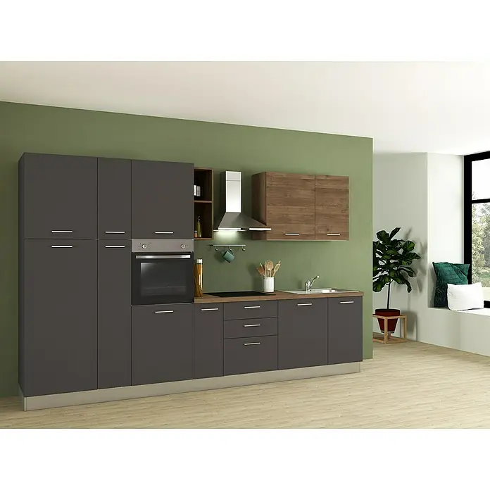 Marinelli Cucine Vormontierte Küchenzeile Vega - Breite: 345 cm, Anthrazit/Nuss, Mit Elektrogeräten - Elegante graue Küche mit modernen Schränken, integriertem Ofen und Holzakzenten für stilvolles Wohnen.