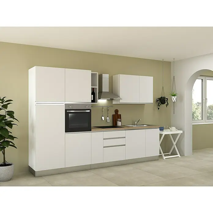 Marinelli Cucine Vormontierte Küchenzeile Luce - Breite: 315 cm, Weiß, Mit Elektrogeräten, Spüle rechts - Eine moderne, weiße Einbauküche mit Edelstahlakzenten, ergänzt durch hängende Pflanzen und ein helles, offenes Raumgefühl.