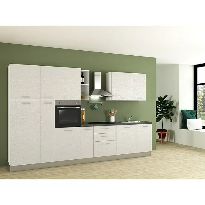 Marinelli Cucine Vormontierte Küchenzeile Idra - Breite: 345 cm, Weiß, Mit Elektrogeräten - Moderne Küche mit weißen Schränken, dunkler Arbeitsplatte und Edelstahlgeräten unter grüner Wandfarbe und hellem Holzboden.