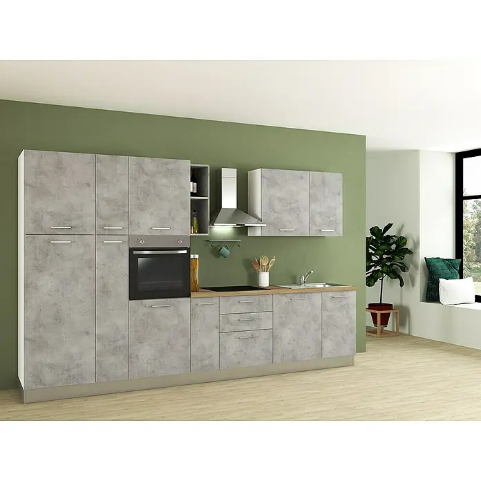 Marinelli Cucine Vormontierte Küchenzeile Cassiopea - Breite: 345 cm, Hellgrau, Mit Elektrogeräten - Moderne Küche mit Betonfronten, ausgestattet mit hochwertigen Geräten und viel Stauraum für eine funktionale und stilvolle Einrichtung.