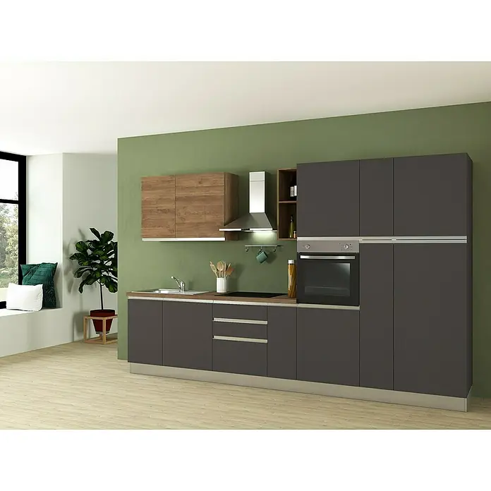 Marinelli Cucine Vormontierte Küchenzeile Ametista - Breite: 345 cm, Anthrazit/Nuss, Mit Elektrogeräten, Spüle links - Moderne Küche mit grauen Schränken, Holzdetails und Edelstahlgeräten, die Funktionalität und Stil vereint.