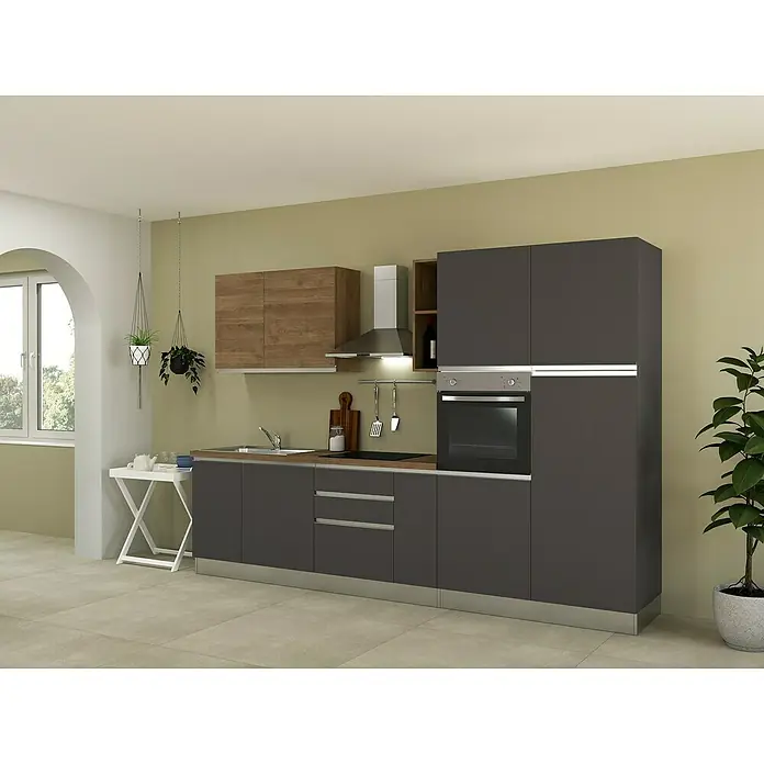 Marinelli Cucine Vormontierte Küchenzeile Ametista - Breite: 315 cm, Anthrazit/Nuss, Mit Elektrogeräten, Spüle links - Moderne Küchenzeile in Grautönen mit Holzschrank und Einbaubackofen für ein stilvolles Ambiente.