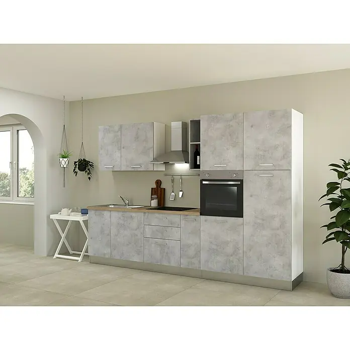 Marinelli Cucine Vormontierte Küchenzeile Cassiopea - Breite: 315 cm, Hellgrau, Mit Elektrogeräten - Küchenzeile in modernem Design mit Betonoptik, bestehend aus Ober- und Unterschränken, einem Backofen und einer Dunstabzugshaube.