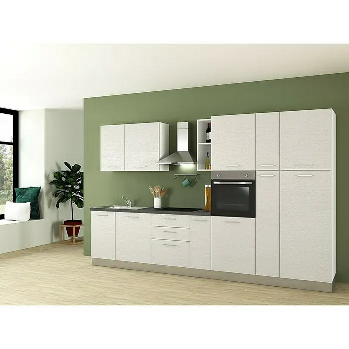 Marinelli Cucine Vormontierte Küchenzeile Idra - Breite: 345 cm, Weiß, Mit Elektrogeräten - Eine moderne Küche mit weißen Schränken, einem dunklen Arbeitsbereich und Geräten, die eine stilvolle und funktionale Atmosphäre schaffen.