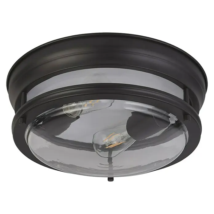 Searchlight Deckenleuchte rund Glasgow - 120 W, Ø x H: 35 x 14,5 cm, Schwarz, E27 - Nahaufnahme einer schwarzen Deckenleuchte mit zwei Edison-Glühbirnen unter einer transparenten Kuppel.
