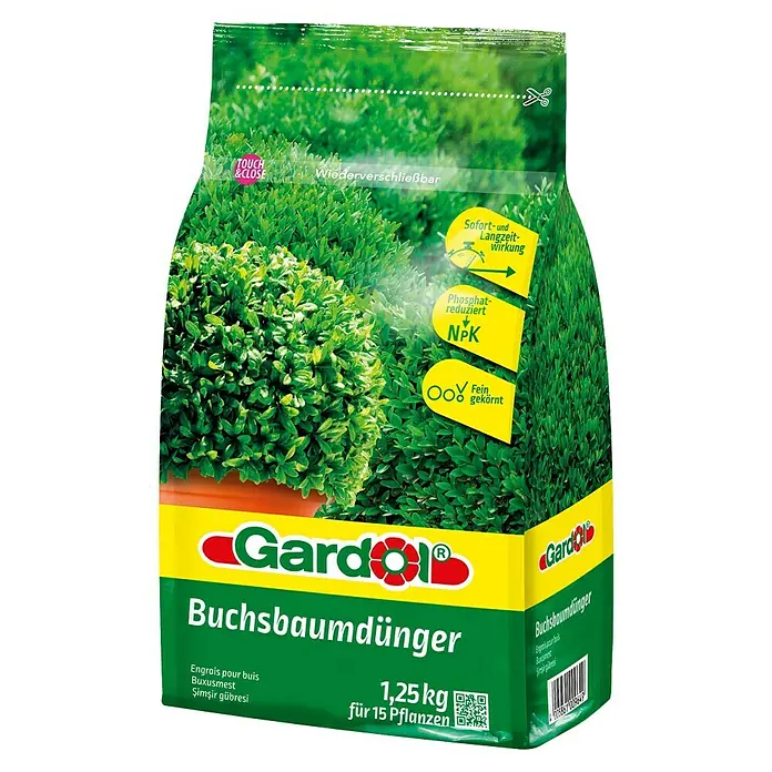Gardol Buchsbaumdünger - 1,25 kg, Wiederverschließbar, Passend für: 15 Pflanzen - Bild einer Packung Gardol Buchsbaumdünger, speziell für Buchsbäume, mit Hinweisen zu Inhaltsstoffen und Anwendung.