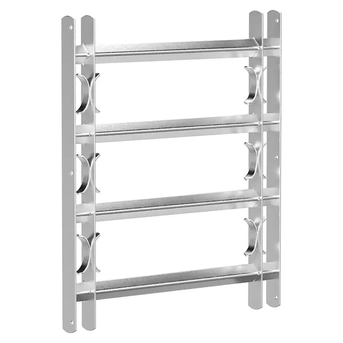Stabilit Fenstergitter - Höhe: 600 mm, Auszugslänge: 50 cm - 65 cm, Fensterlaibungsmontage - Eine silberne Hantelablage mit vier Ebenen zur Aufbewahrung von Hanteln in einem Fitnessstudio oder Heimtrainingsraum.