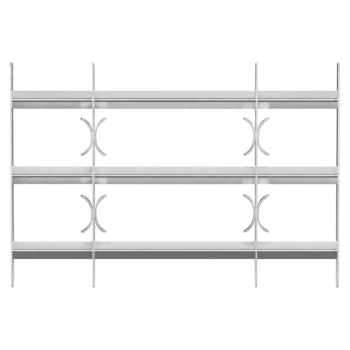 Stabilit Fenstergitter - Höhe: 450 mm, Auszugslänge: 50 cm - 65 cm, Fensterlaibungsmontage - Nahaufnahme eines silberfarbenen Fenstergitters mit dekorativen Elementen, das Sicherheit mit Stil verbindet.