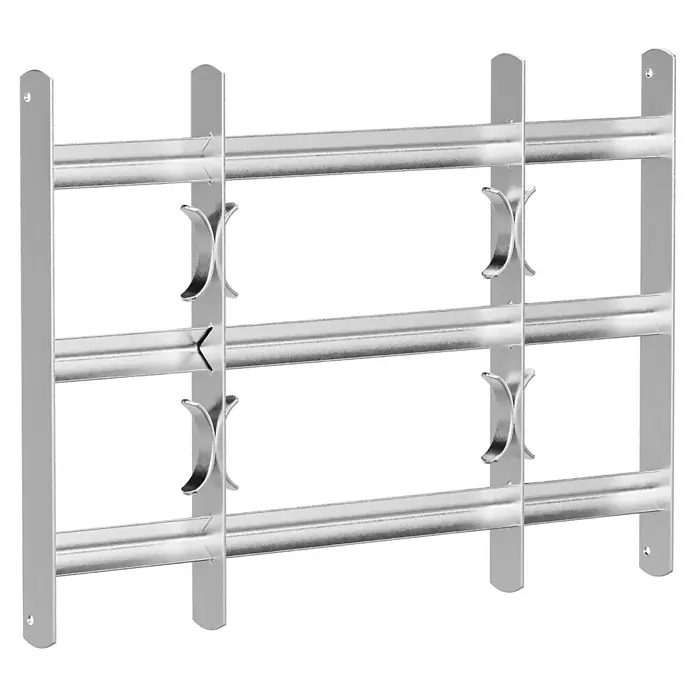 Stabilit Fenstergitter - Höhe: 450 mm, Auszugslänge: 50 cm - 65 cm, Fensterlaibungsmontage - Nahaufnahme eines silbernen Fenstergitters mit horizontalen Stäben und vertikalen Stützen auf schwarzem Hintergrund.