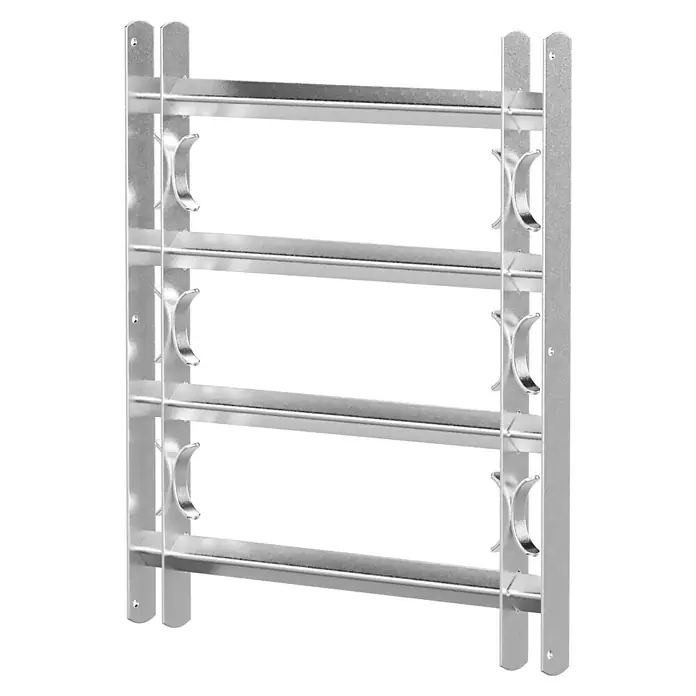 Stabilit Fenstergitter - Höhe: 600 mm, Auszugslänge: 50 cm - 65 cm, Fensterlaibungsmontage - Silbernes Dumbbell-Rack zur Aufbewahrung von Hanteln im Fitnessstudio oder zu Hause. Das Rack ist robust und bietet Platz für mehrere Hantelpaare.
