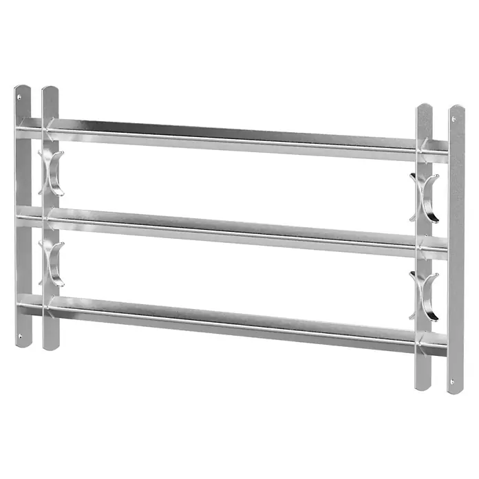 Stabilit Fenstergitter - Höhe: 450 mm, Auszugslänge: 100 cm - 150 cm, Fensterlaibungsmontage - Silberner Hantelständer für die sichere und platzsparende Aufbewahrung von Kurzhanteln im Fitnessstudio oder zu Hause. Ideal für Ordnung und Sicherheit.