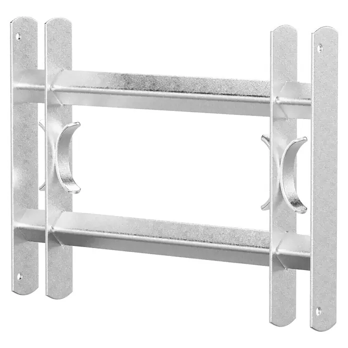 Stabilit Fenstergitter - Höhe: 300 mm, Auszugslänge: 50 cm - 65 cm, Fensterlaibungsmontage - Das Bild zeigt eine verzinkte Fahrradhalterung zur Wandmontage mit Platz für zwei Fahrräder. Die Halterung ist robust und wetterfest.