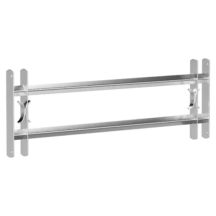 Stabilit Fenstergitter - Höhe: 300 mm, Auszugslänge: 100 cm - 150 cm, Fensterlaibungsmontage - Abbildung eines metallenen Handtuchhalters mit zwei Stangen zur Wandmontage, ideal für Badezimmer und Küche.