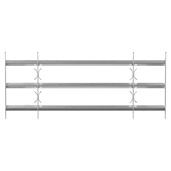 Stabilit Fenstergitter - Höhe: 450 mm, Auszugslänge: 100 cm - 150 cm, Fensterlaibungsmontage - Das Bild zeigt ein verzinktes Geländer mit drei horizontalen Stangen und dekorativen X-förmigen Verbindungsstücken. Ideal für den Außenbereich.
