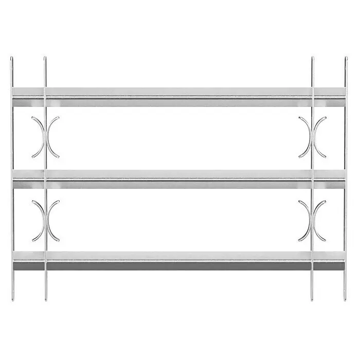 Stabilit Reja para ventanas - Altura: 450 mm, Longitud regulable: 70 cm - 105 cm, Montaje en intradoses de ventanas - Estante metálico plateado de dos niveles con elementos decorativos curvos.