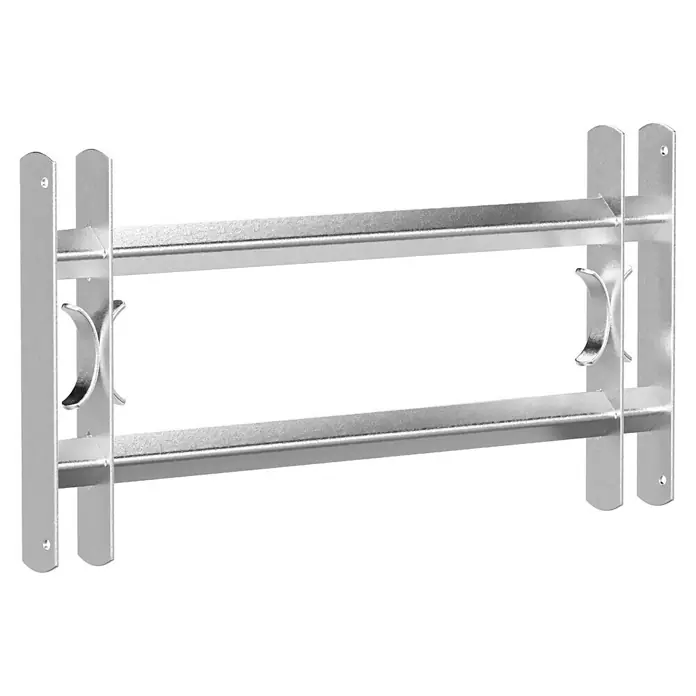 Stabilit Fenstergitter - Höhe: 300 mm, Auszugslänge: 70 cm - 105 cm, Fensterlaibungsmontage - Abgebildet ist eine silberfarbene, zweistufige Hantelablage zur Aufbewahrung von Kurzhanteln im Fitnessstudio oder zu Hause.
