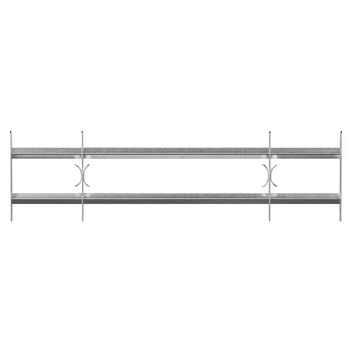 Stabilit Fenstergitter - Höhe: 300 mm, Auszugslänge: 100 cm - 150 cm, Fensterlaibungsmontage - Detailaufnahme eines eleganten, silberfarbenen Metallgeländers mit dekorativen Elementen, das Stabilität und Stil vereint.