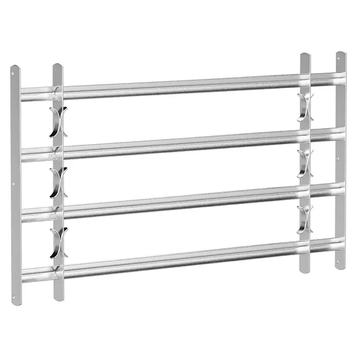 Stabilit Fenstergitter - Höhe: 600 mm, Auszugslänge: 100 cm - 150 cm, Fensterlaibungsmontage - Ein silbernes Fenstergitter mit horizontalen Stäben und Befestigungen. Das Gitter sorgt für Sicherheit und Schutz vor unbefugtem Zugriff.