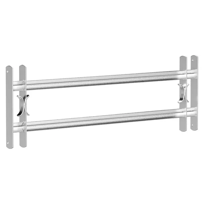 Stabilit Fenstergitter - Höhe: 300 mm, Auszugslänge: 100 cm - 150 cm, Fensterlaibungsmontage - Nahaufnahme einer silbernen Metall-Absperrung mit zwei horizontalen Streben und seitlichen Stützen auf schwarzem Hintergrund.