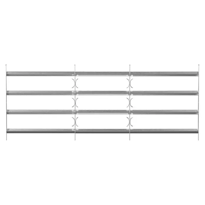 Stabilit Fenstergitter - Höhe: 600 mm, Auszugslänge: 100 cm - 150 cm, Fensterlaibungsmontage - Das Bild zeigt ein graues Metallgitter mit drei horizontalen Stäben und senkrechten Stützen, die durch dekorative Elemente verbunden sind.