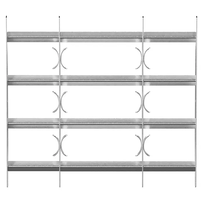 Stabilit Fenstergitter - Höhe: 600 mm, Auszugslänge: 50 cm - 65 cm, Fensterlaibungsmontage - Eine detailreiche Nahaufnahme eines Metallregals mit drei Regalebenen und stabilen, metallischen Stützen.