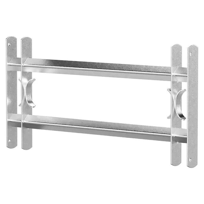Stabilit Reja para ventanas - Altura: 300 mm, Longitud regulable: 70 cm - 105 cm, Montaje en intradoses de ventanas - Este primer plano muestra un toallero metálico para montar en la pared con dos barras y fijaciones laterales.
