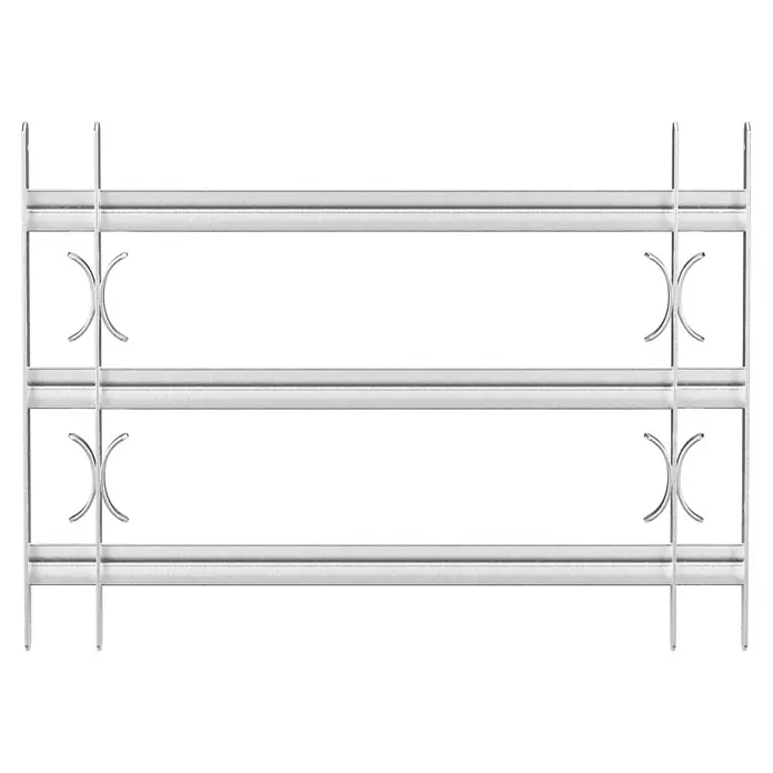 Stabilit Reja para ventanas - Altura: 450 mm, Longitud regulable: 70 cm - 105 cm, Montaje en intradoses de ventanas - Una rejilla de ventana plateada con ornamentos decorativos en forma de X. La rejilla consta de tres barras horizontales y soportes verticales.