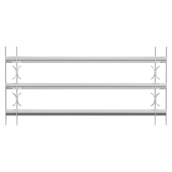 Stabilit Fenstergitter - Höhe: 450 mm, Auszugslänge: 100 cm - 150 cm, Fensterlaibungsmontage - Detailaufnahme eines silbernen Metallregals mit drei Ebenen und dekorativen X-förmigen Elementen an den Seiten.
