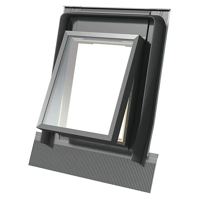 Dachausstieg - 45 x 55 cm, Farbton außen: RAL 7043 - Ein modernes Dachfenster mit grauem Rahmen ist leicht geöffnet. Es ist in eine graue Dachabdeckung integriert.