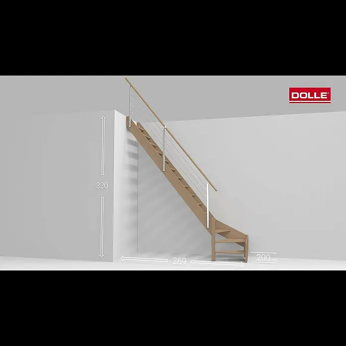 Dolle Raumspartreppe Brest - Breite: 70 mm, Grau, 1/4-gewendelt rechts, Geschosshöhe: 320 cm, Farbe Stufen: Eiche - Montagevideo Raumspartreppe DOLLE Brest, viertel gewendelt