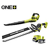 Ryobi ONE+ Maschinenpaket Akku-Combo-Kit (Akku-Heckenschere mit Schnittgutkehrer + Akku-Laubgebläse + Akku-Starterset) | BAUHAUS