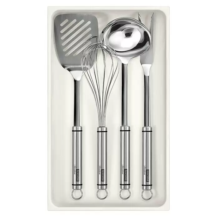 Tescoma Besteckkasten Flexi Space - 37 x 22,2 x 4,5 cm, Weiß - Vier Edelstahl-Küchenhelfer: Pfannenwender, Schneebesen, Schöpfkelle und Messer, ordentlich in einer weißen Ablage.