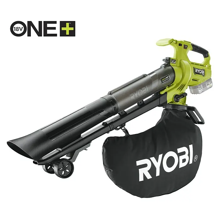 Ryobi ONE+HP Akku-Laubsauger & -Laubbläser RY18BVXA-0 - Ohne Akku, Blasleistung: 1,8 m³/min, Blasgeschwindigkeit: 252 m/s - Das Bild zeigt einen RYOBI ONE+ Laubbläser/Sauger, ein Gartengerät mit Akku, Blasrohr und Fangsack, ideal für die Gartenpflege.