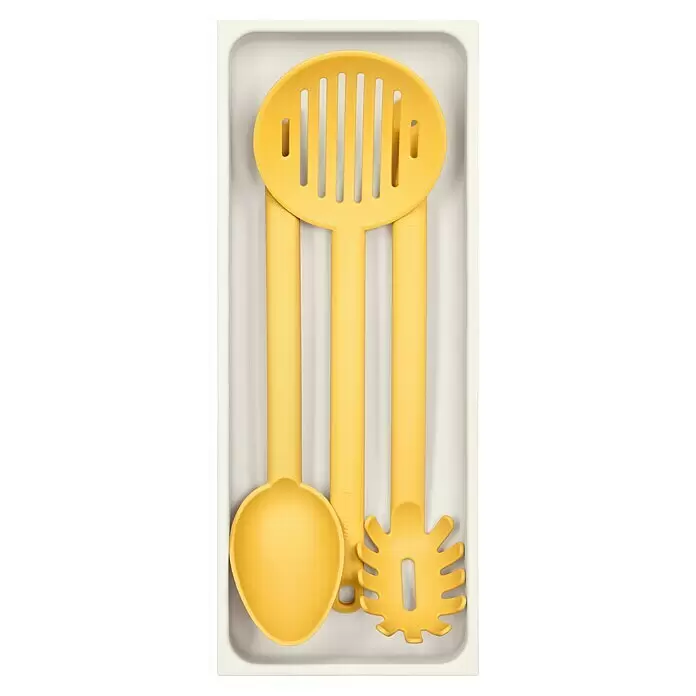 Tescoma Besteckkasten Flexi Space - 37 x 14,8 x 4,5 cm, Weiß - Set aus drei gelben Silikon-Küchenhelfern: Schaumlöffel, Suppenlöffel und Spaghettilöffel.