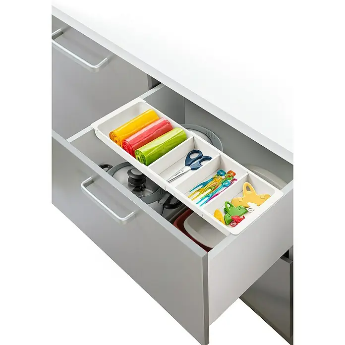 Tescoma Schubladeneinsatz Flexi Space - L x B x H: 55,5 x 20 x 4,5 cm, Weiß, Kunststoff - Schublade mit farbigen Müllbeuteln, Schere, bunten Cocktailspießen und Clipverschlüssen. Praktische Küchenorganisation mit diesem Schubladeneinsatz.
